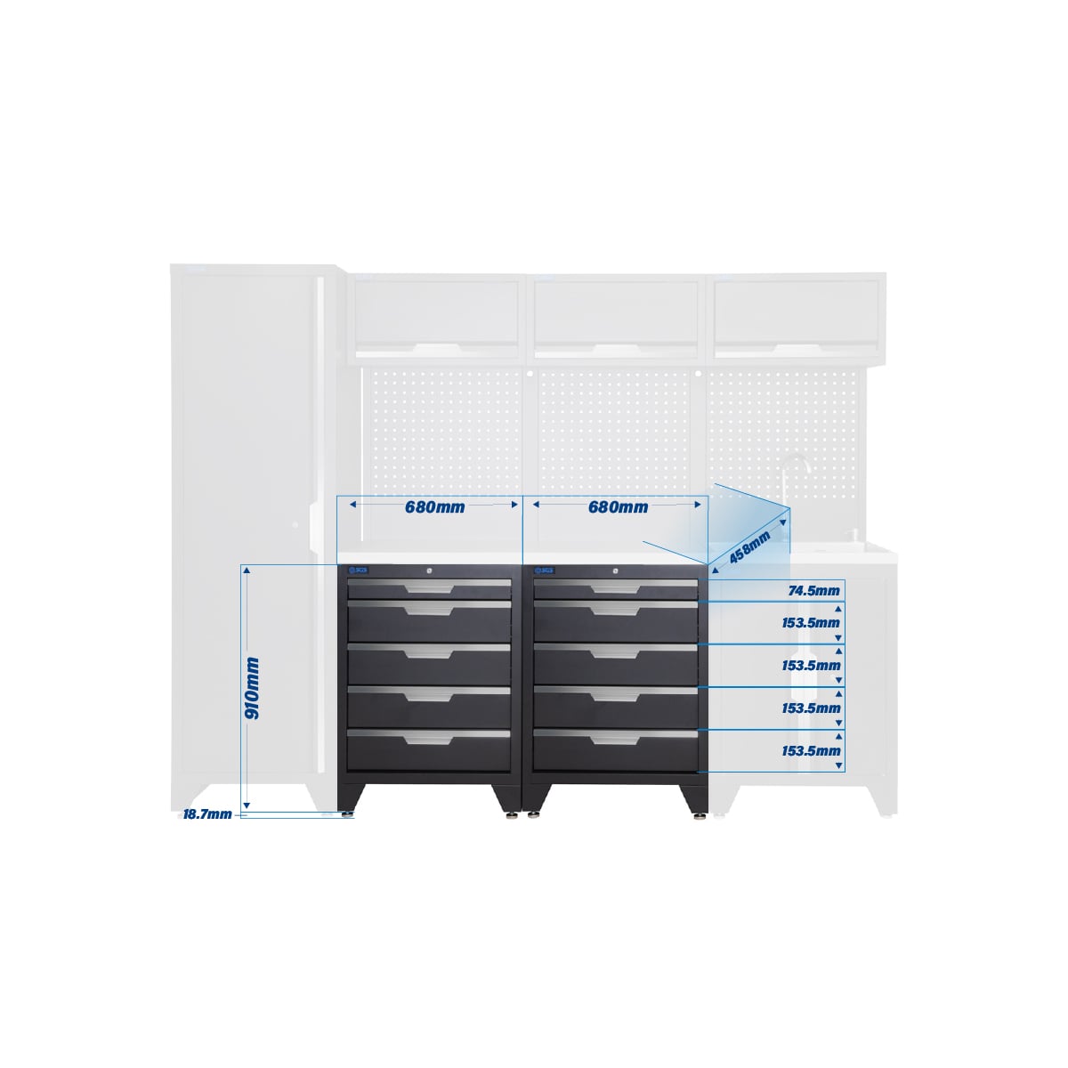 SGS 10pc Modular Garage Storage | 10 Drawers | Stainless Steel Worktop | Tall Single Cabinet | Sink Unit | 3x Upper Cabinets